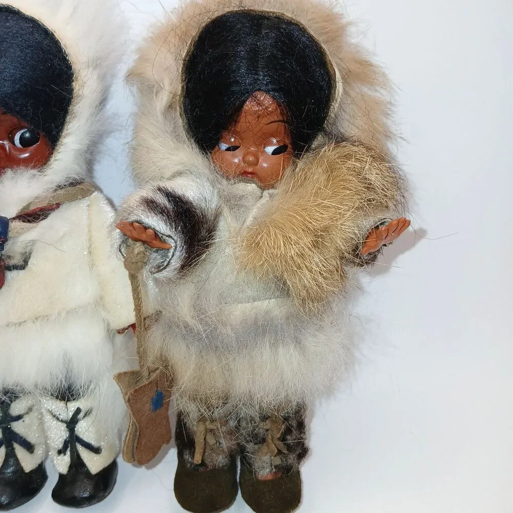 Vtg Native Alaskan Dolls x2 Real Fur Leather Sleepy Eyes Mittens Folk Art 6